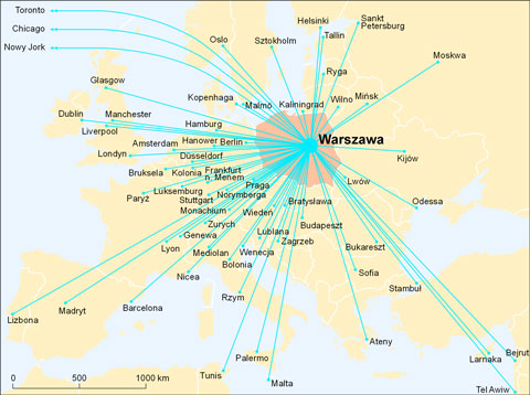 zagraniczne poczenia lotnicze Warszawy mapa