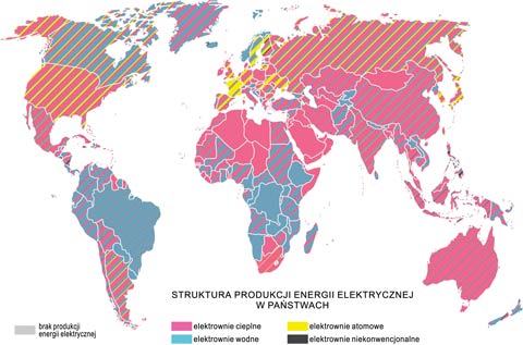 struktura produkcji energii elektrycznej w pastwach mapa elektrownie cieplne wodne atomowe niekonwencjonalne